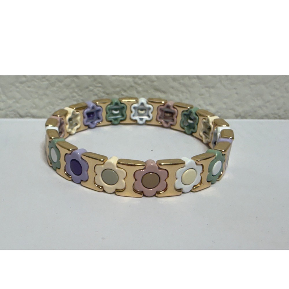 Multi Color Enamel Flower Stretch Bracelet Gold Tone Daisy Floral Bangle‎ 6.5in